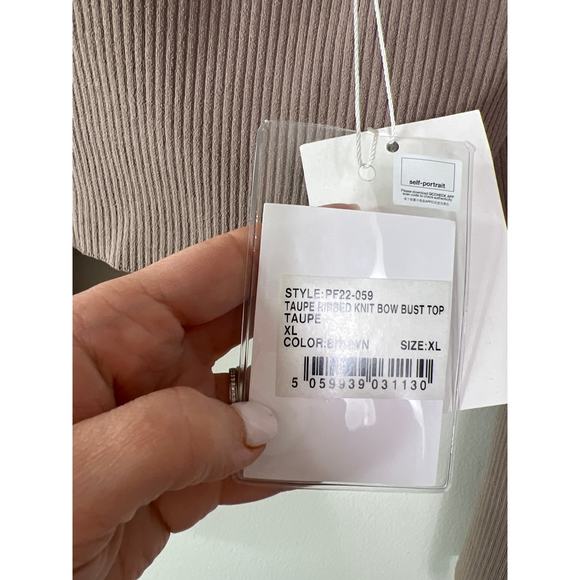 NWT Self Portrait Ribbed Knit Bow Bust Flared Sleeve Cut Out Top Brown Size: XL - Picture 6 of 10